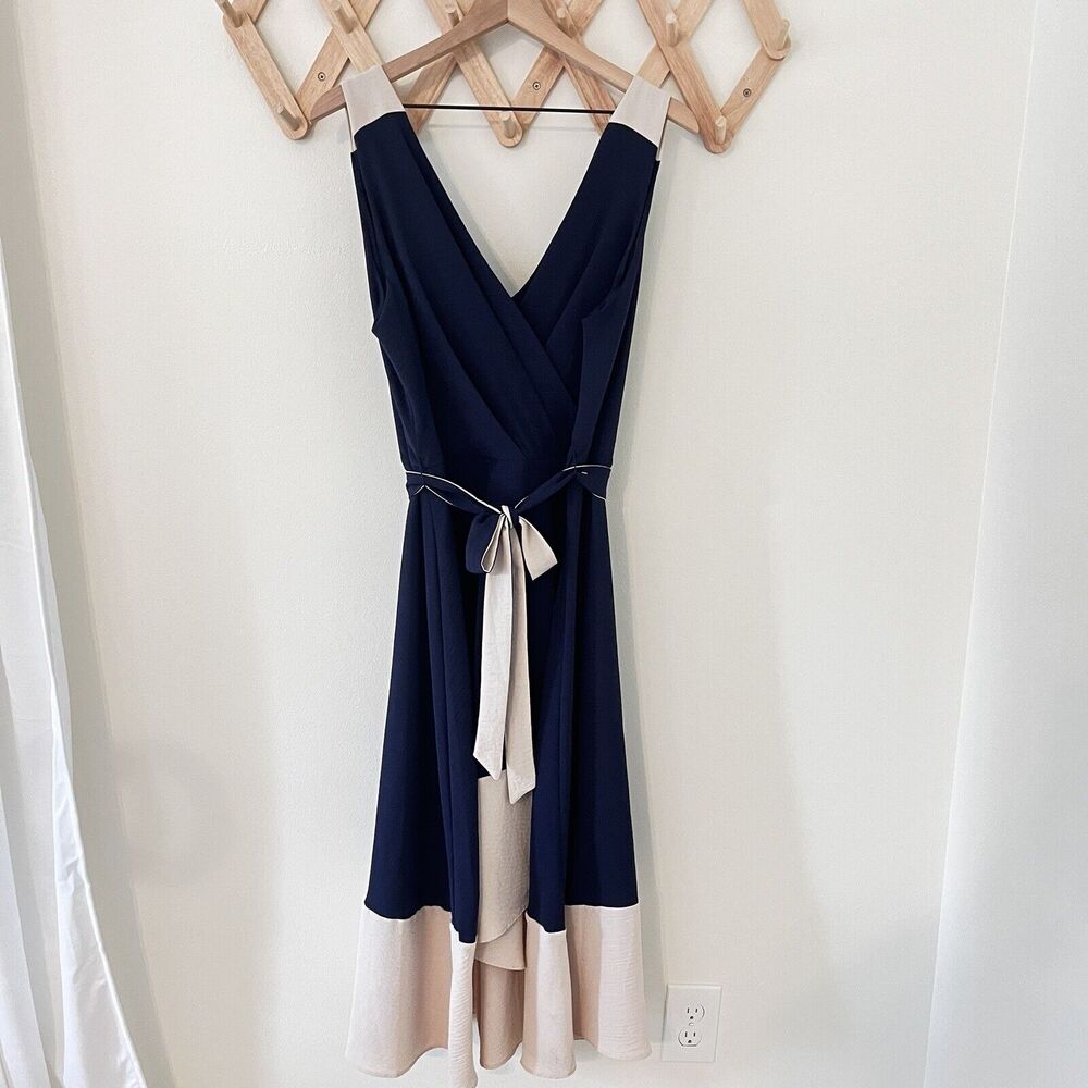 DKNY Colorblocked Belted Faux-Wrap Dress Navy Beige Size 16 - Picture 2 of 10